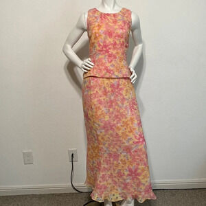 Althuser Vintage Orange Pink Floral Watercolor 2 Piece Blouse Skirt Set Sz 10